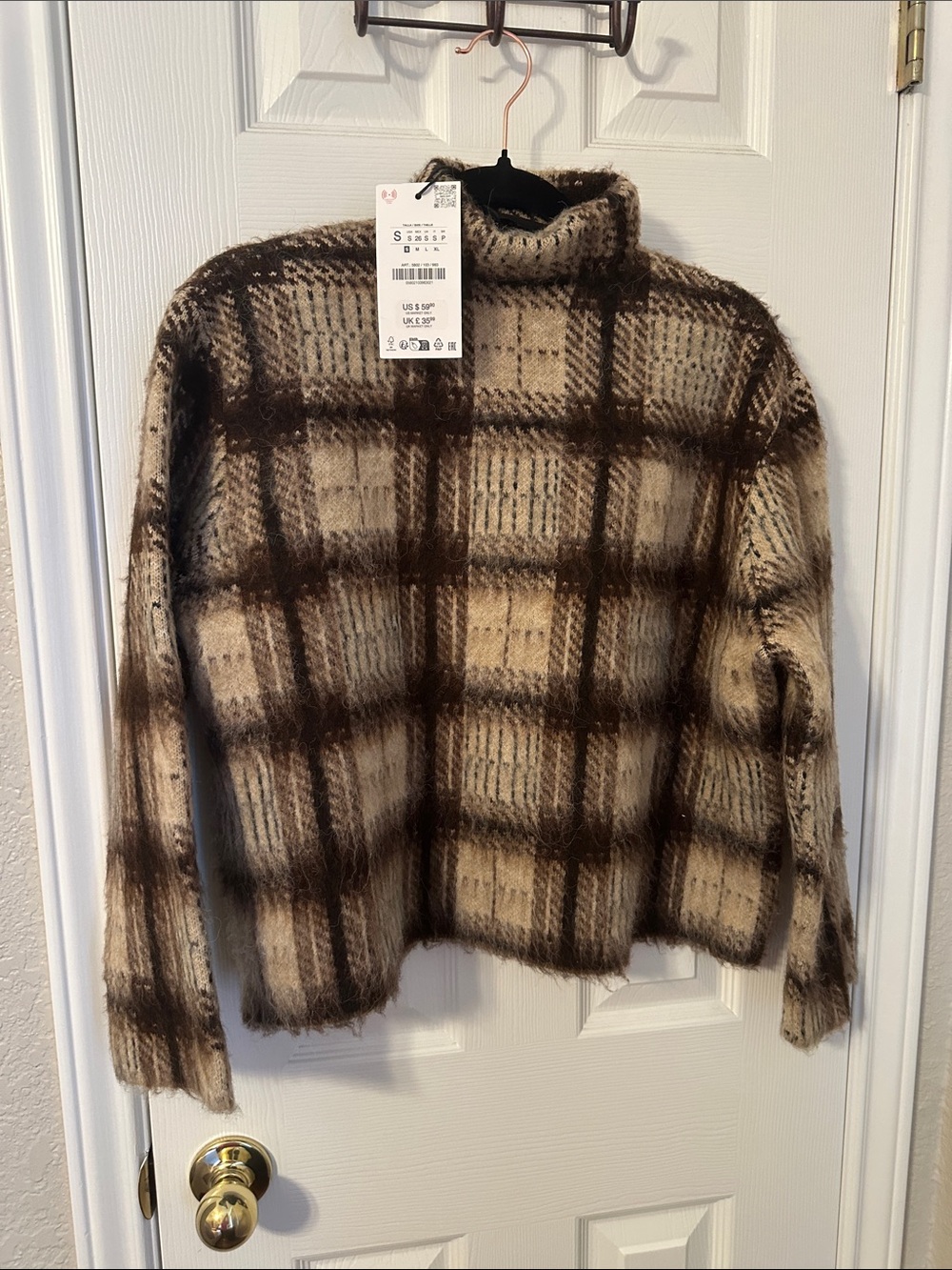 Zara Cream and Brown Plaid Turtleneck Sweater